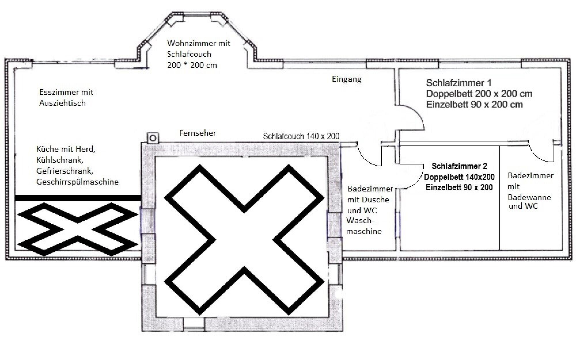A floor plan of a hotel with a living room, ensuite bathroom, kitchen, dining area, and two bedrooms.