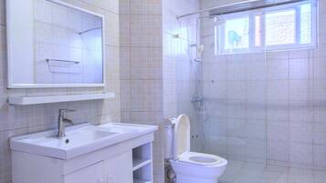 A bathroom with a sink, mirror, toilet, shower, and a window.