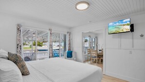 Hotelkamer met een bed, een aan de muur bevestigde televisie, een balkon met uitzicht op het strand en een eethoek.
