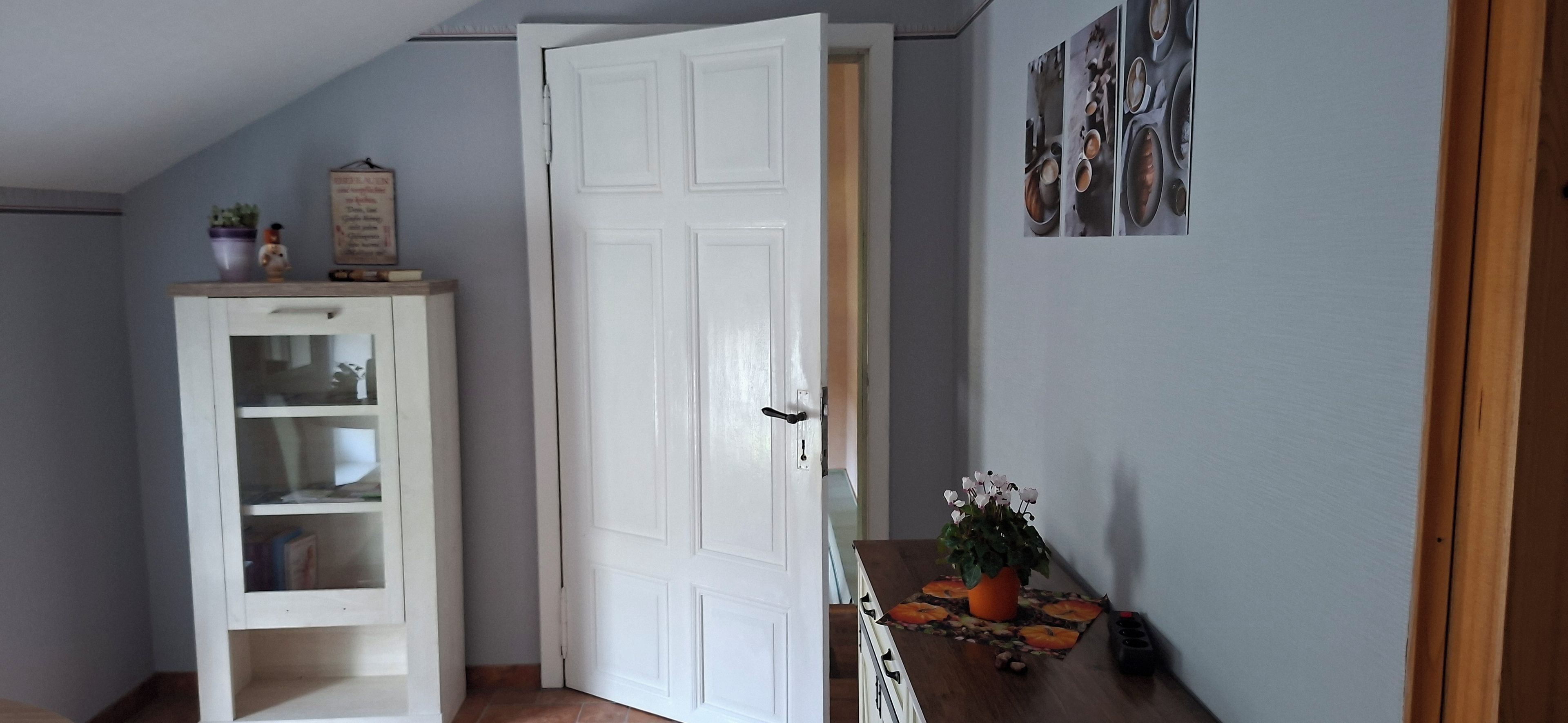Ein Flur mit einer weißen Tür, einem Schrank mit Glastüren und einem kleinen Tisch mit einer Pflanze.