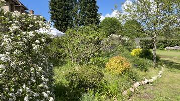 Un jardin avec différentes plantes et arbres, un sentier en pierre et un bâtiment en arrière-plan.