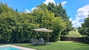 Une piscine avec deux chaises longues et un parasol, entourée d’une végétation luxuriante et d’un mur de pierre.