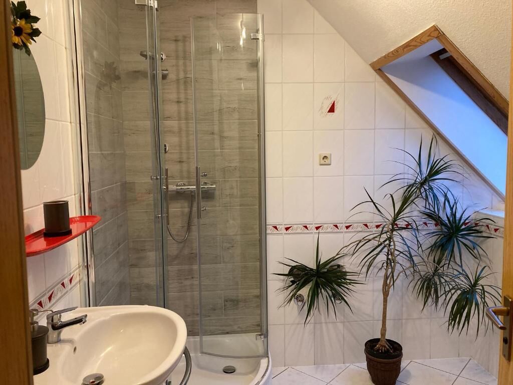 Un baño con cabina de ducha de vidrio, lavamanos y plantas en macetas.