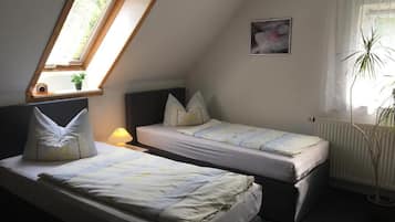 A small, cozy bedroom with two single beds, a skylight, a radiator, and a potted plant.