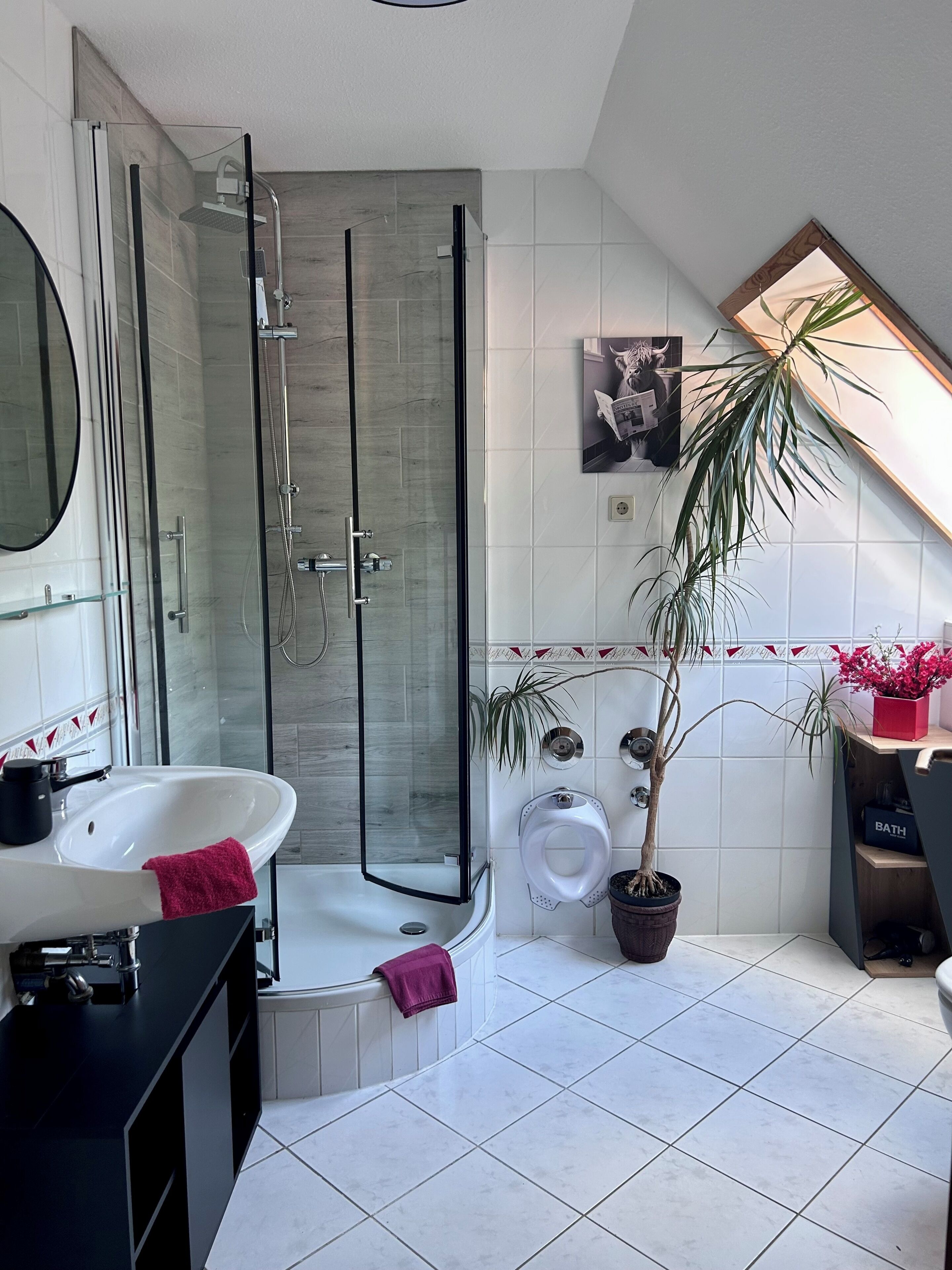 Un bagno moderno con box doccia in vetro, un lavandino bianco, un water e una pianta in vaso.