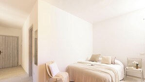 A bedroom with a bed, a chair, a bedside table, and a mirror. - Studio Aura by Propertize - centro Olbia (Olbia)
