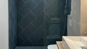 A modern bathroom with a shower, toilet, and a skylight.