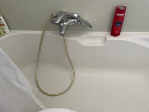 個別の浴槽とシャワー、バスアメニティ (無料)、ヘアドライヤー、タオル