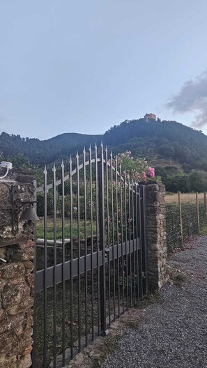 Une entrée fermée par un portail, avec un mur en pierre, un portail en métal et une colline sur laquelle se trouve un bâtiment au loin.