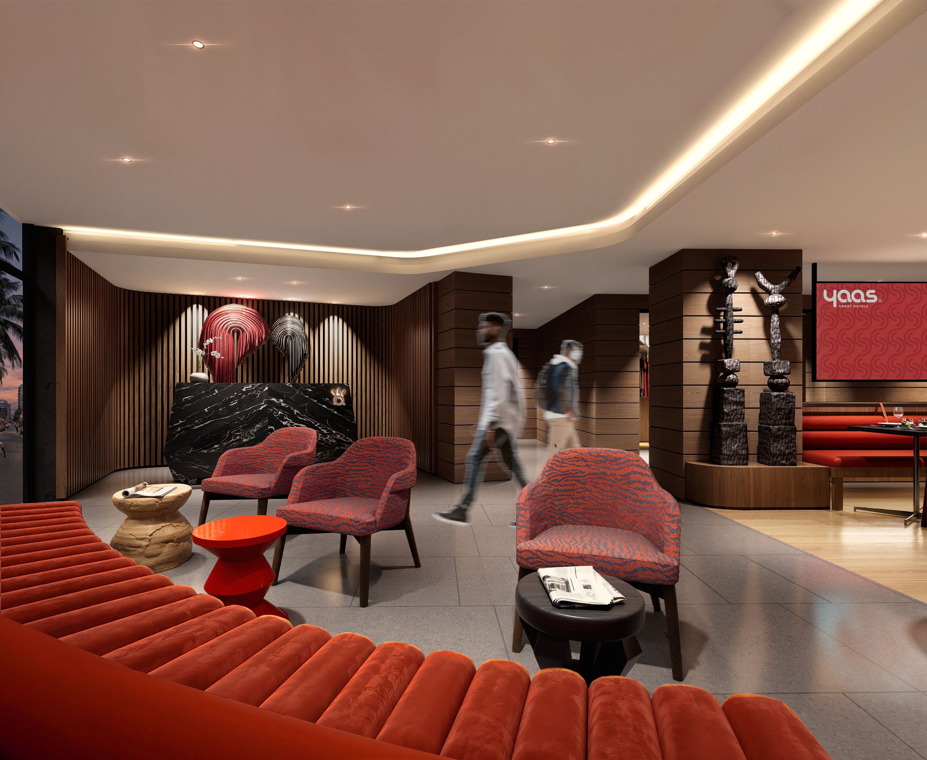Een moderne hotelentree met zitgedeeltes, een receptiebalie en een sculptuur aan de muur.