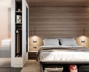 Un dormitorio moderno con cabecera de madera, armario empotrado, mesitas de noche y cama con edredón blanco.