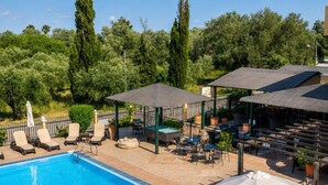 A poolside area with lounge chairs, umbrellas, and a pool.
