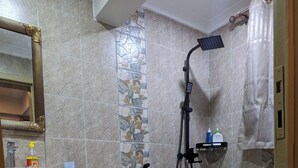 Une salle de bain équipée de toilettes, d’un lavabo, d’une douche et d’un miroir.