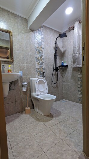 A bathroom with a toilet, sink, shower, and a mirror. - Cozy One bedroom apartment in Kigali , Rebero with panoramic mountain views (Kigali)