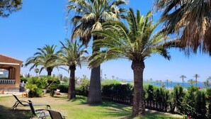 Un jardín con palmeras, una piscina y un edificio con balcón.