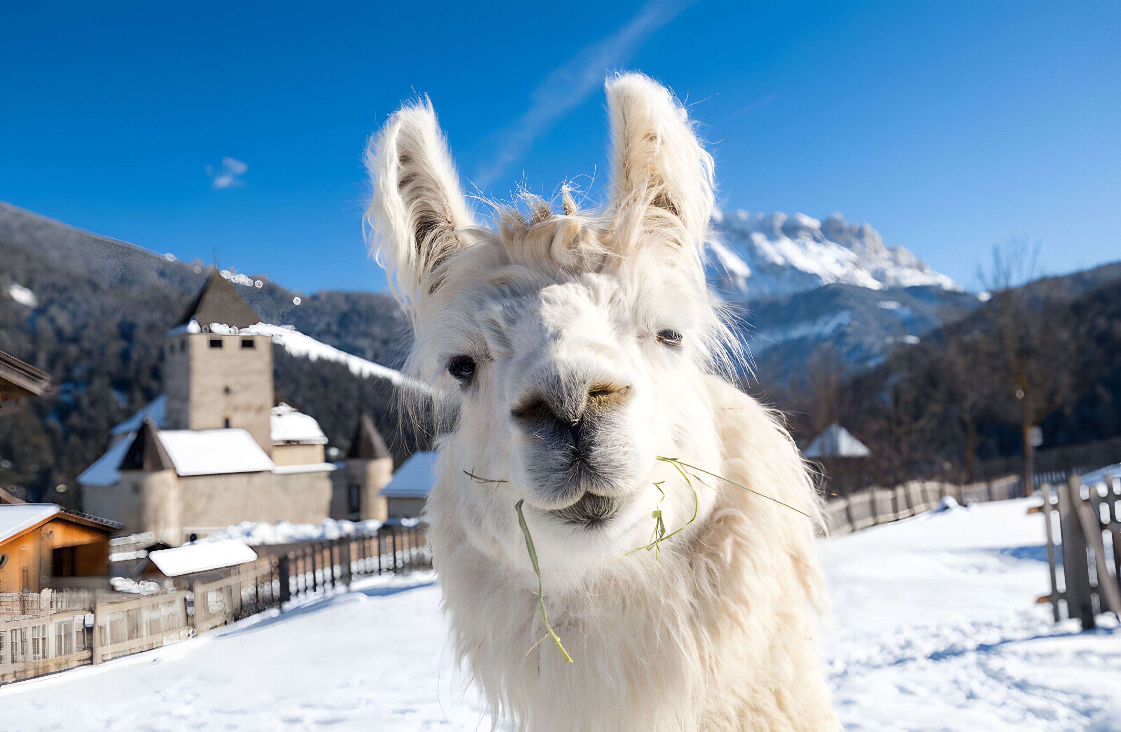 A close-up of a white llama with a snowy mountain backdrop.