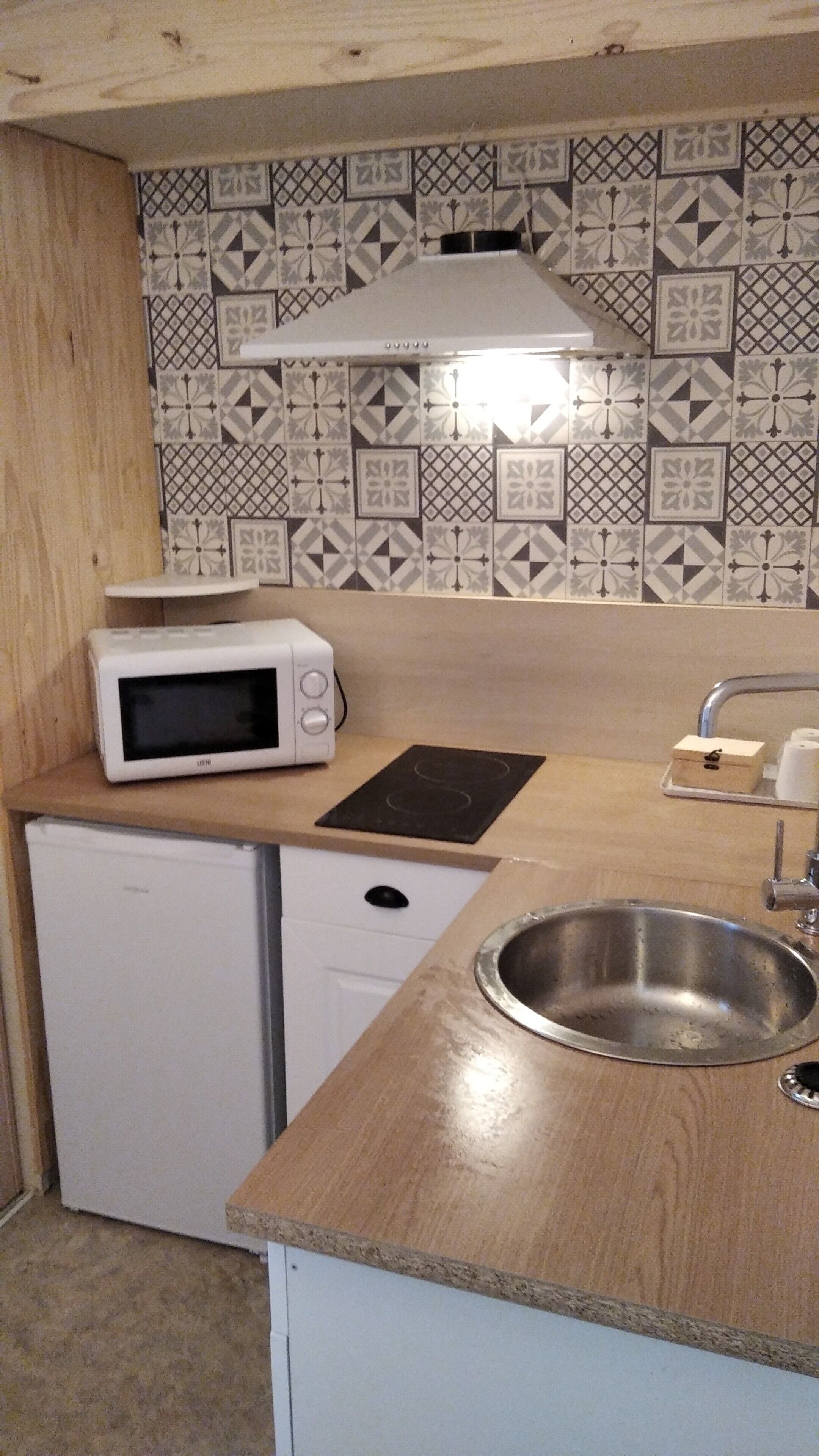 Fridge, microwave, stovetop, electric kettle