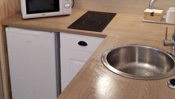 Fridge, microwave, stovetop, electric kettle
