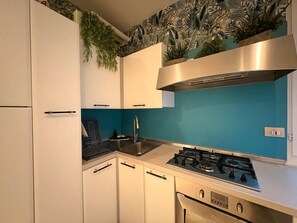A kitchen with white cabinets, a gas stove, a stainless steel sink, and a decorative wall with a leaf pattern. - Lake Retreat (Brusimpiano)