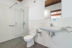A bathroom with a glass shower enclosure, a toilet, and a sink. - Country House Near Fataga & Maspalomas (San Bartolomé de Tirajana)
