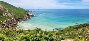 A coastal landscape with a clear view of the sea, rocky shoreline, and lush greenery.