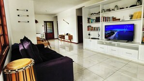 Una sala de estar con un sofá, una televisión, una estantería y una batería.