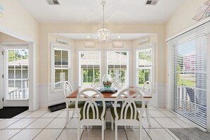 Un espace repas comprenant une table en bois, des chaises blanches, un lustre et de grandes fenêtres équipées de stores.