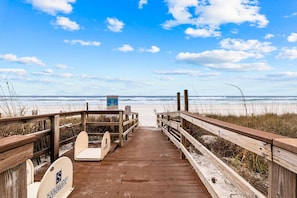 Ein Holzsteg führt zu einem Strand, an dem ein Schild vor starken Strömungen und Schwimmverbot warnt.