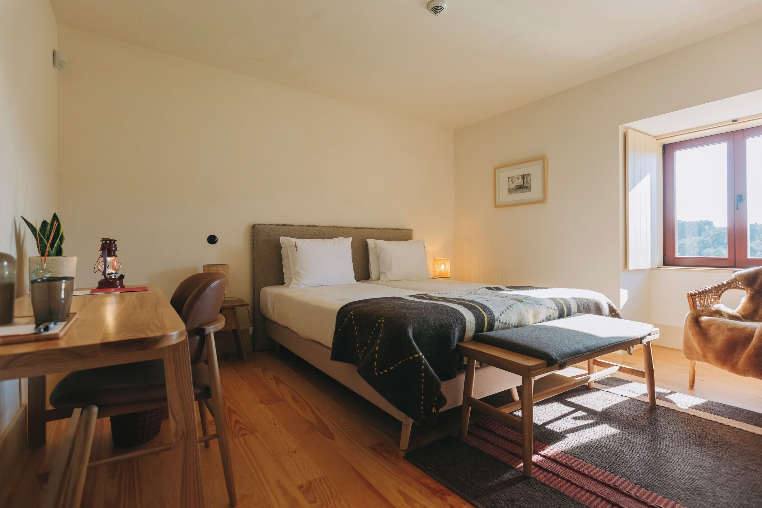 A bedroom with a bed, bedside table, chair, desk, and a window.