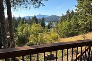 A view from a wooden deck overlooking a forested area with a lake and mountains in the distance.