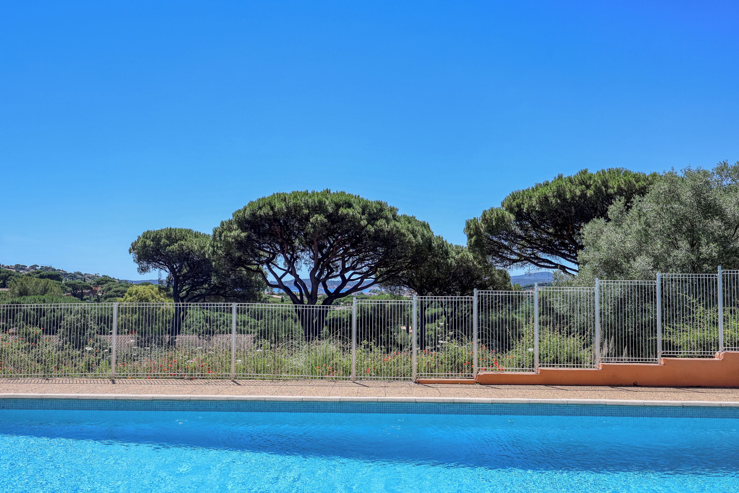 Une piscine, avec un ciel bleu dégagé, des arbres et une clôture.