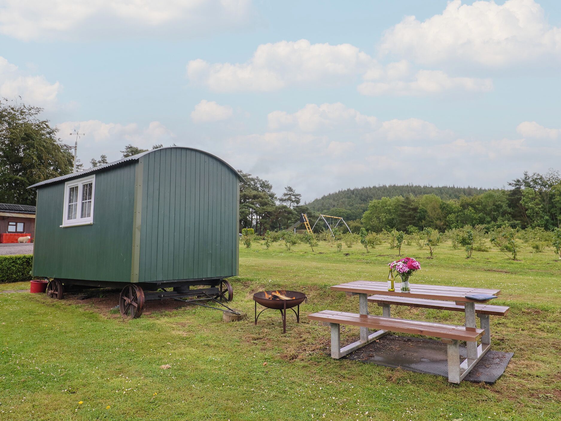 Een groene schuur met een raam, een picknicktafel met een bloemenvaas, en een vuurkorf.