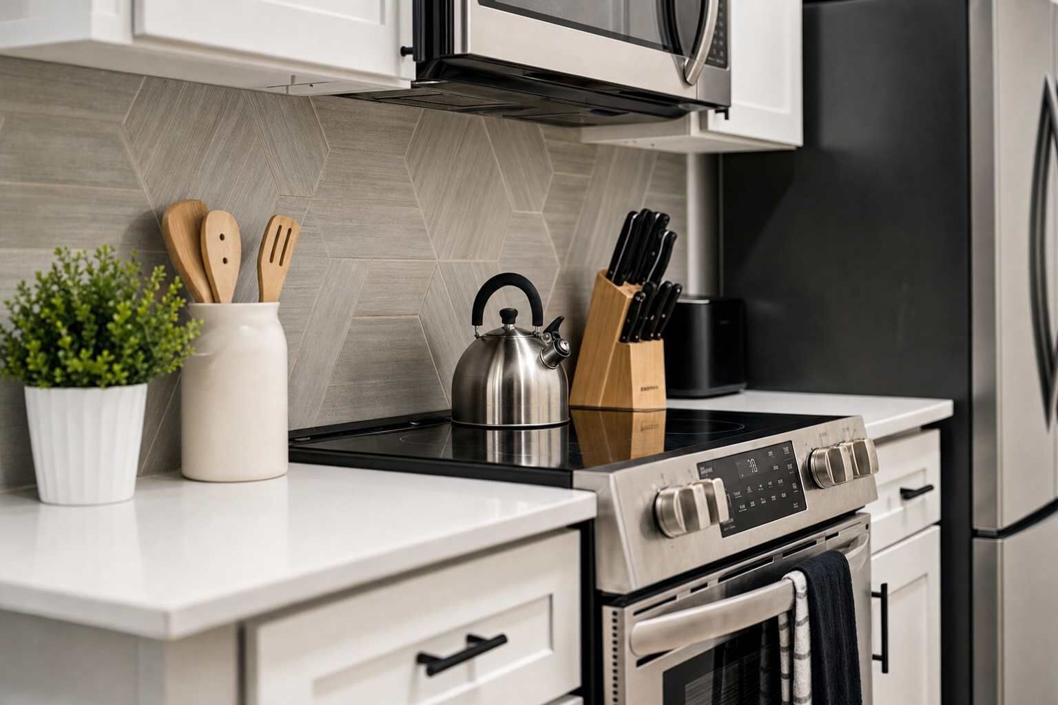 Fridge, microwave, oven, stovetop