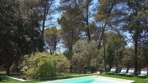 A rectangular swimming pool with a white border, surrounded by a well-maintained lawn and trees. - 130m2 ground floor villa with private pool on 4000m2 of land (Les Arcs)