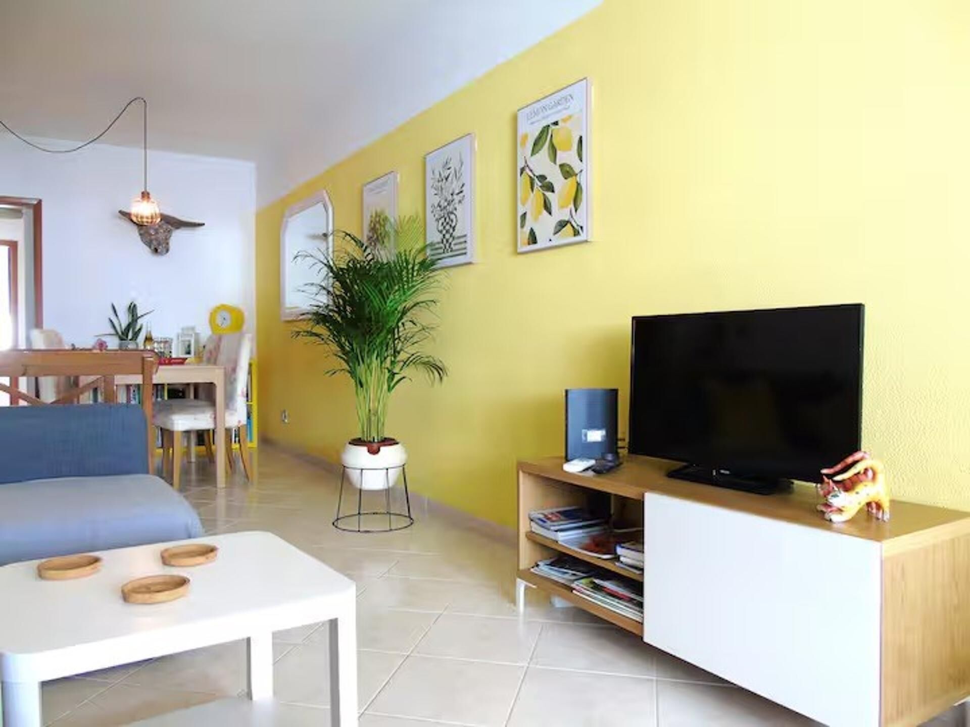 A living room with a sofa, a coffee table, a TV, a bookshelf, a plant, and a dining area with chairs and a table.