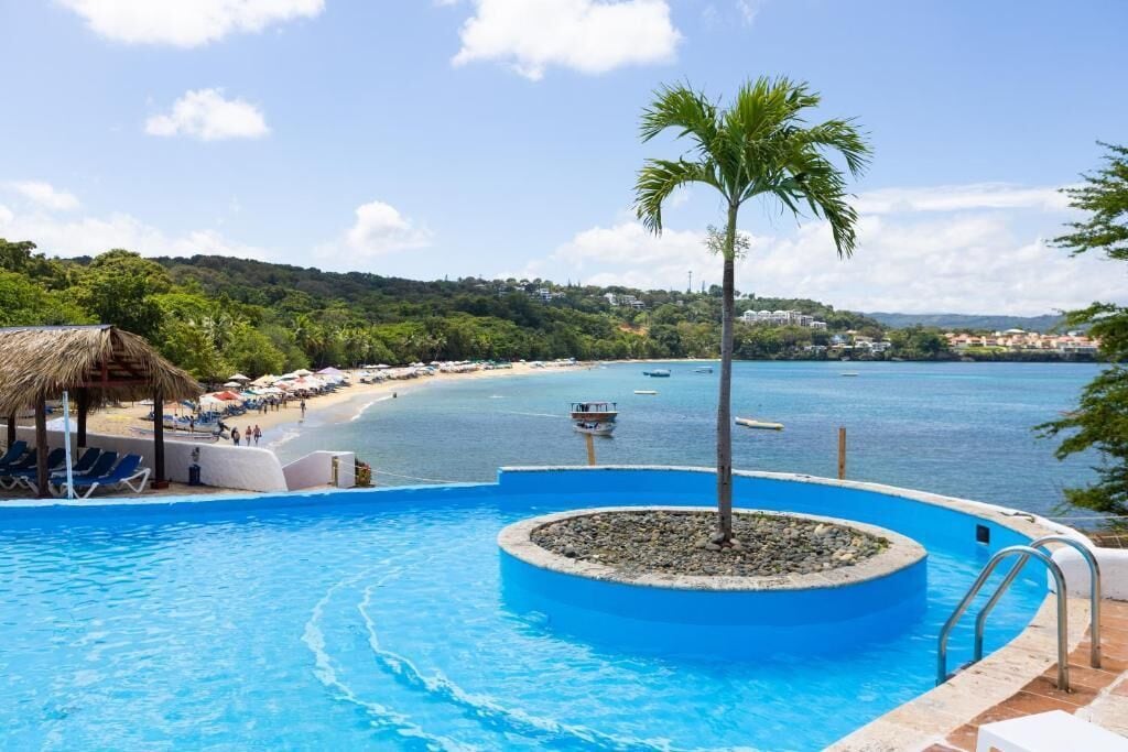 A swimming pool with a palm tree, a beach, and a boat in the background.