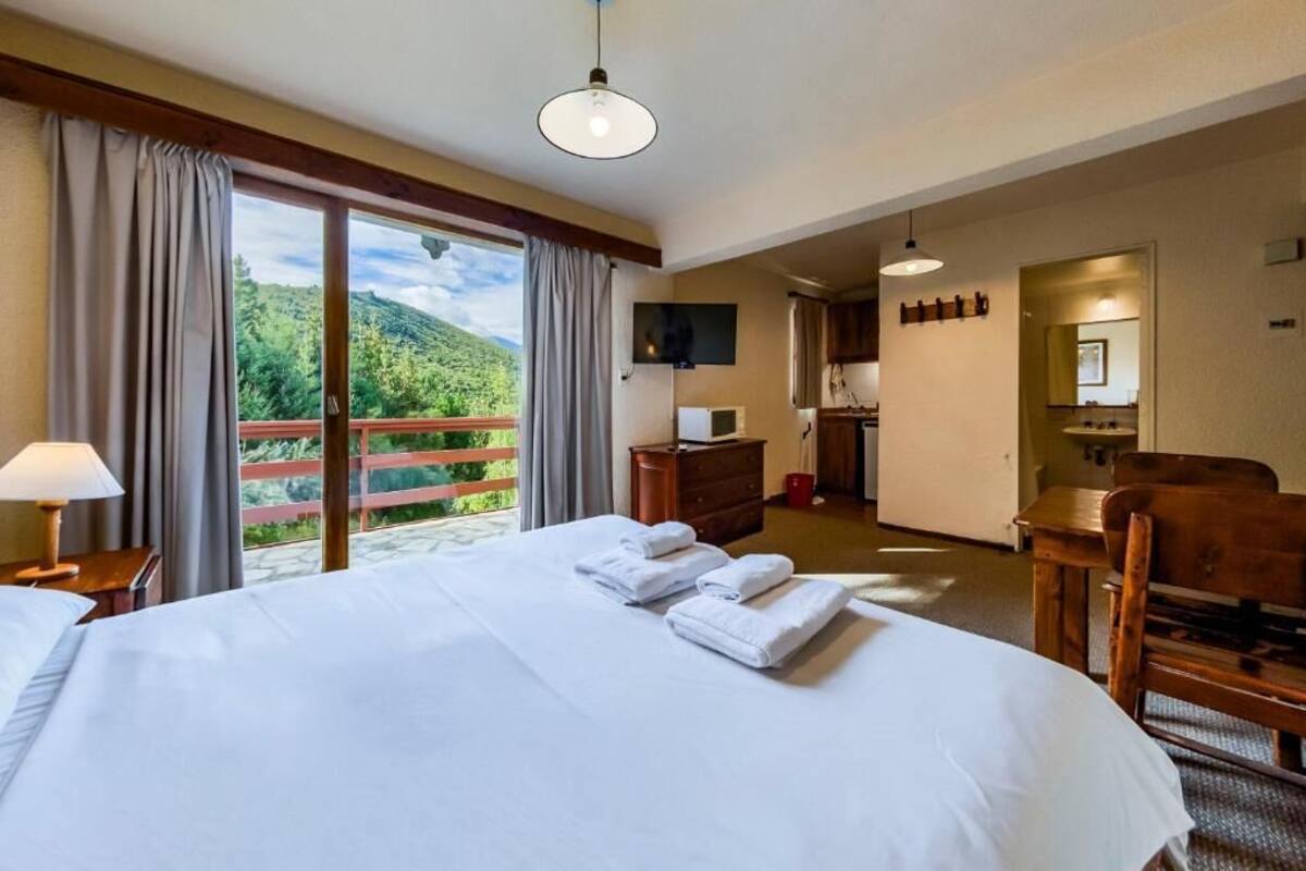Habitación de hotel con una cama grande, un escritorio, una silla, un televisor y un balcón con vistas a zonas verdes.