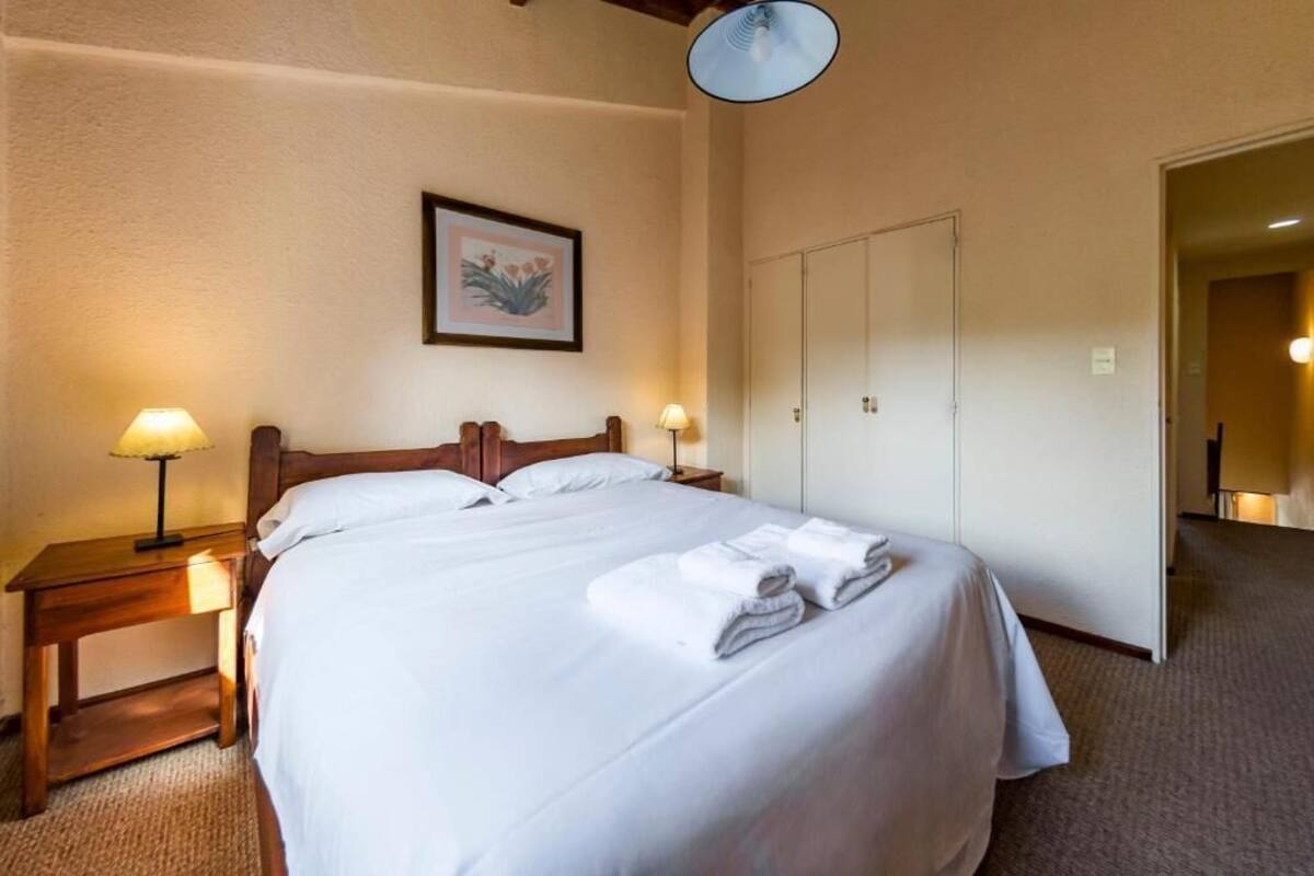 Una habitación de hotel con una cama, dos lámparas de noche, un cuadro en la pared y un armario.