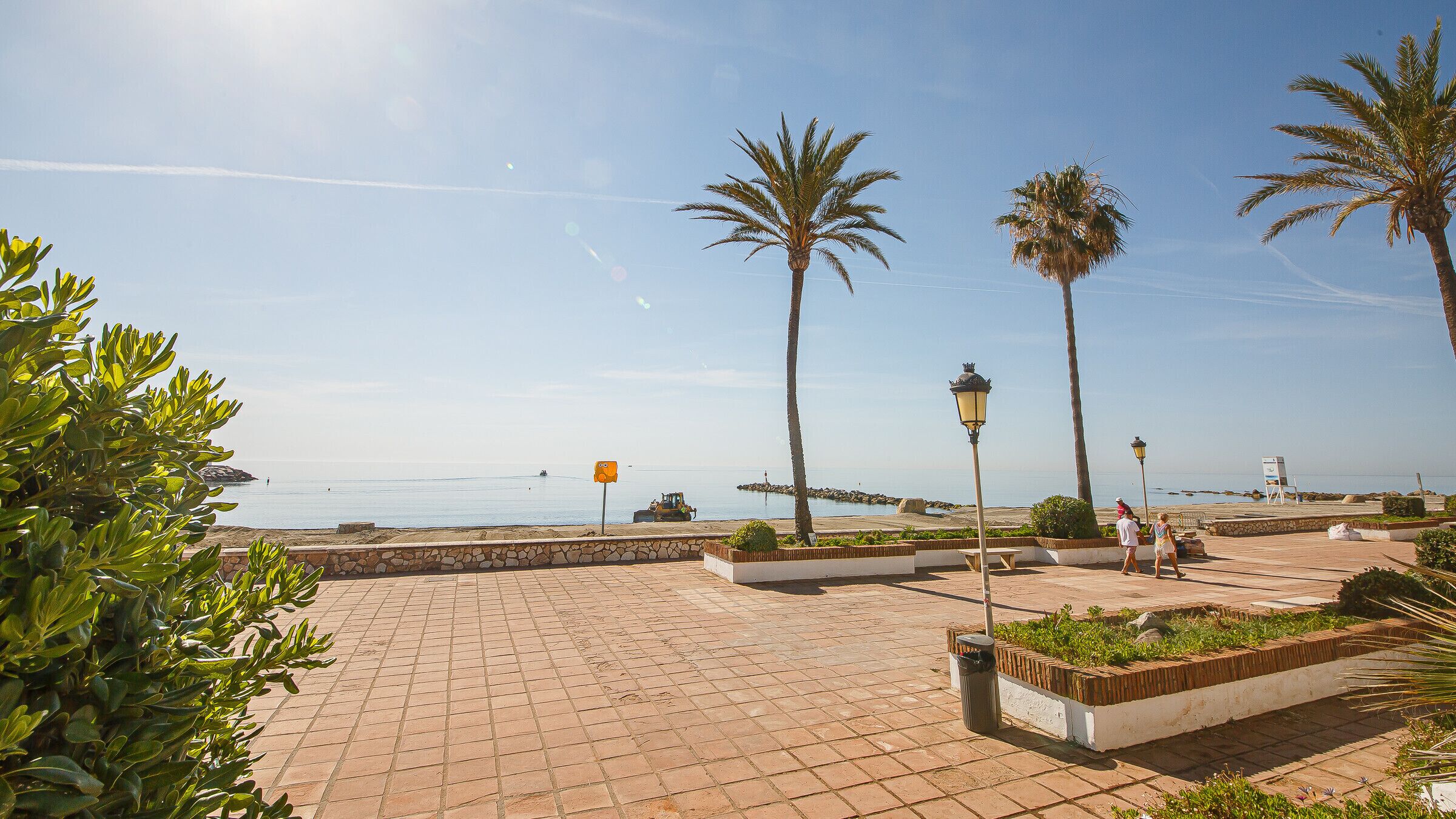 A paved walkway with palm trees, a clear sky, and a distant view of the sea.