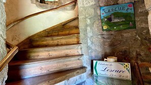 Un escalier en pierre avec des marches en bois, une petite fenêtre et une enseigne indiquant « Château de Lescure, chambres d’hôtes ».