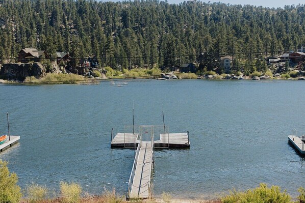 Un lago con un muelle de madera que se adentra en el agua, rodeado de un bosque denso y edificios residenciales.