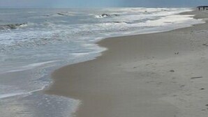 A beach with a curved shoreline, a pier, and a cloudy sky. - Plantation at St George Island Fl. Beautiful beach view from all bedrooms (East Point)
