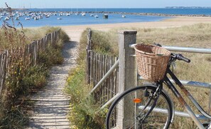 Una bicicleta con una cesta en un camino que lleva a una playa con barcos en el agua.