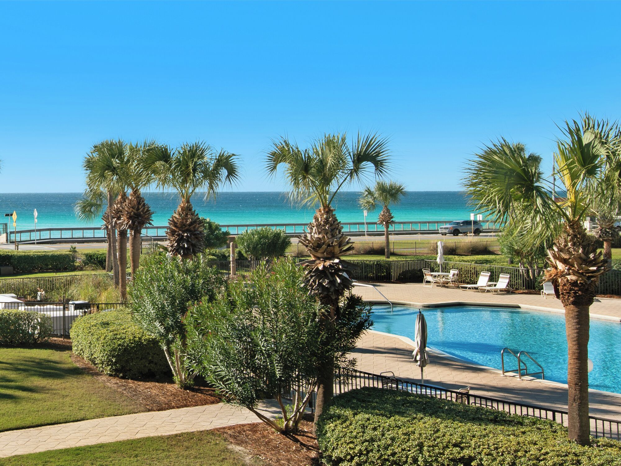 A pool area with palm trees, a view of the ocean, and a paved walkway.