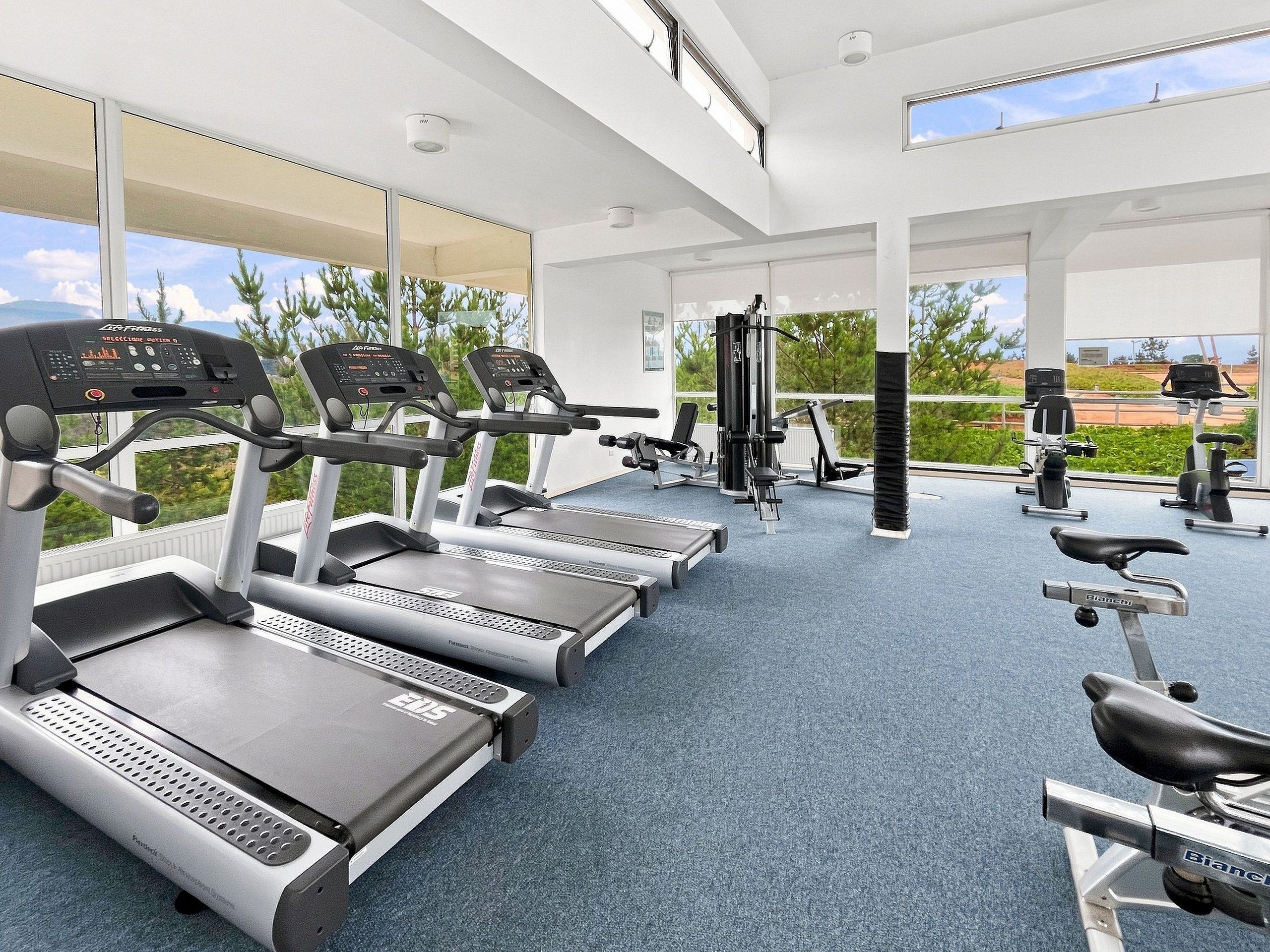A gym with treadmills, weight machines, and exercise equipment.