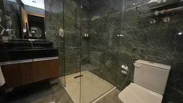 Hair dryer, slippers, towels, soap