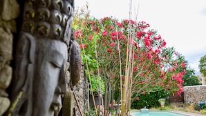 A stone wall with a carved face, a pool, and pink flowering plants. - Gîtes de la Soulondre: Vacation Home with Mountain View, Shared Pool, and Wi-Fi (Lodève)