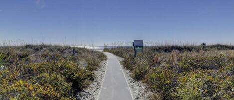 A pathway leading to a beach with a signboard in the distance.