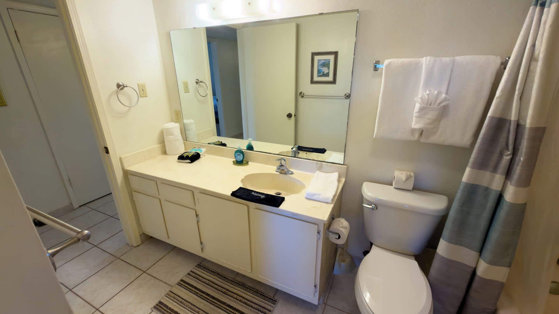 A bathroom with a sink, mirror, toilet, and shower curtain.