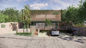 A modern building with a green roof, a carport, and a sign that reads 'liiv nature Pipa.' - Liiv Nature Pipa (Tibau do Sul)
